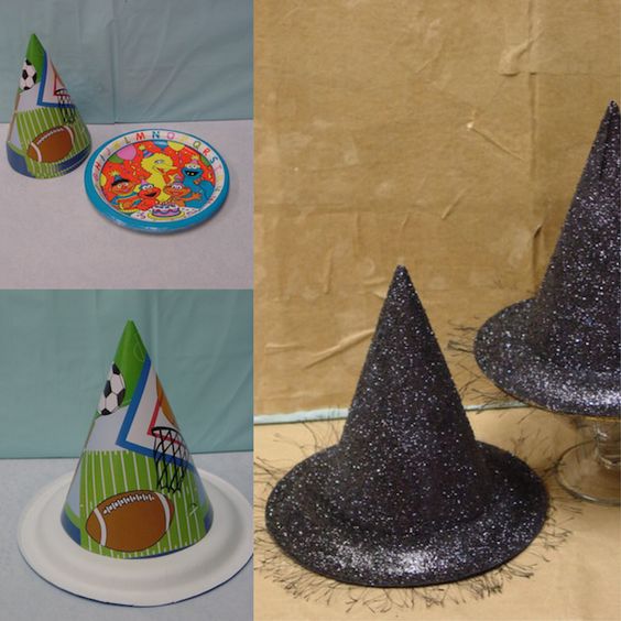 decoracao de halloween - chapeu de bruxa feito com pratinho e chapeu de festa infantil