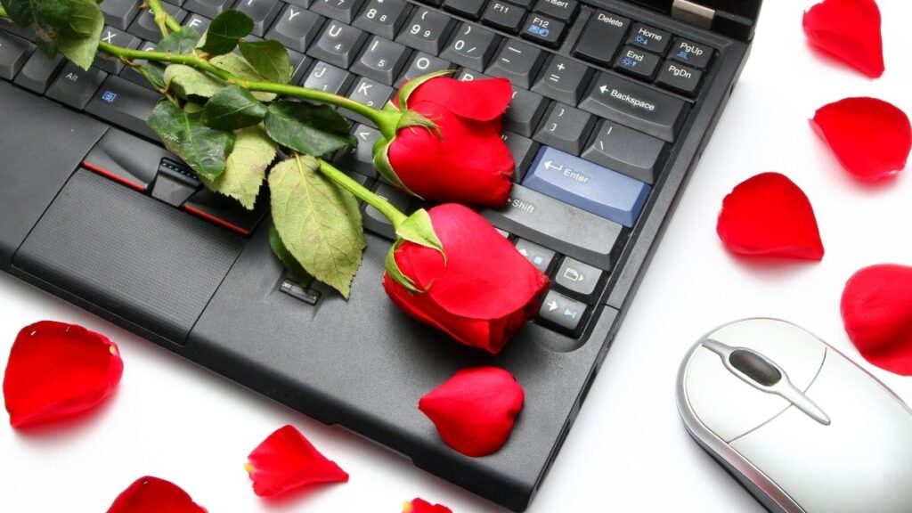 imagem mostra um notebook com rosas vermelhas em cima dele