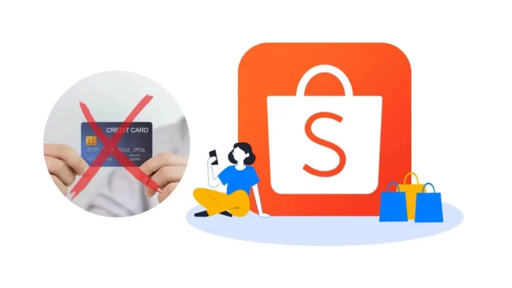 imagem mostrando uma pessoa segurando o cartao de credito com um x na frente e ao lado a logo da shopee com uma menina